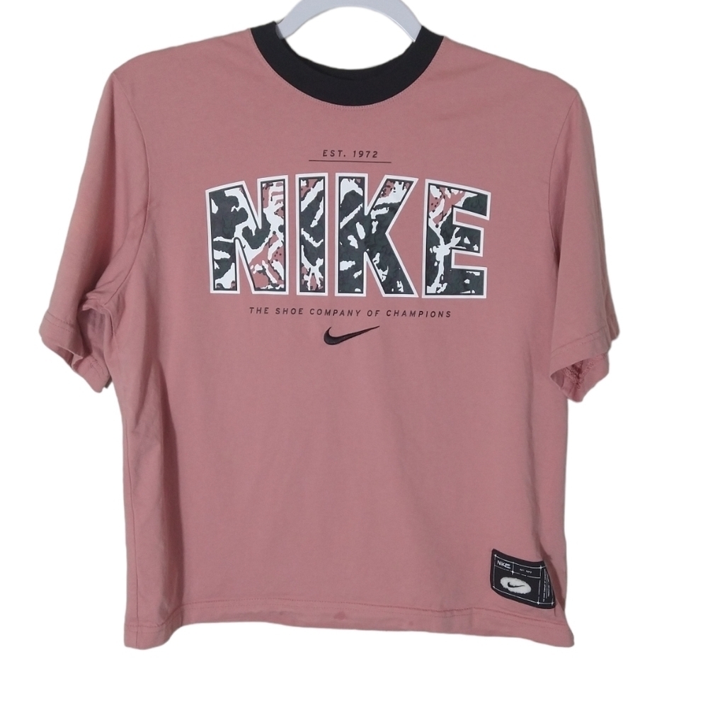 Nike Revival statement boxy logo ringer tee shirt top Size XS Pink